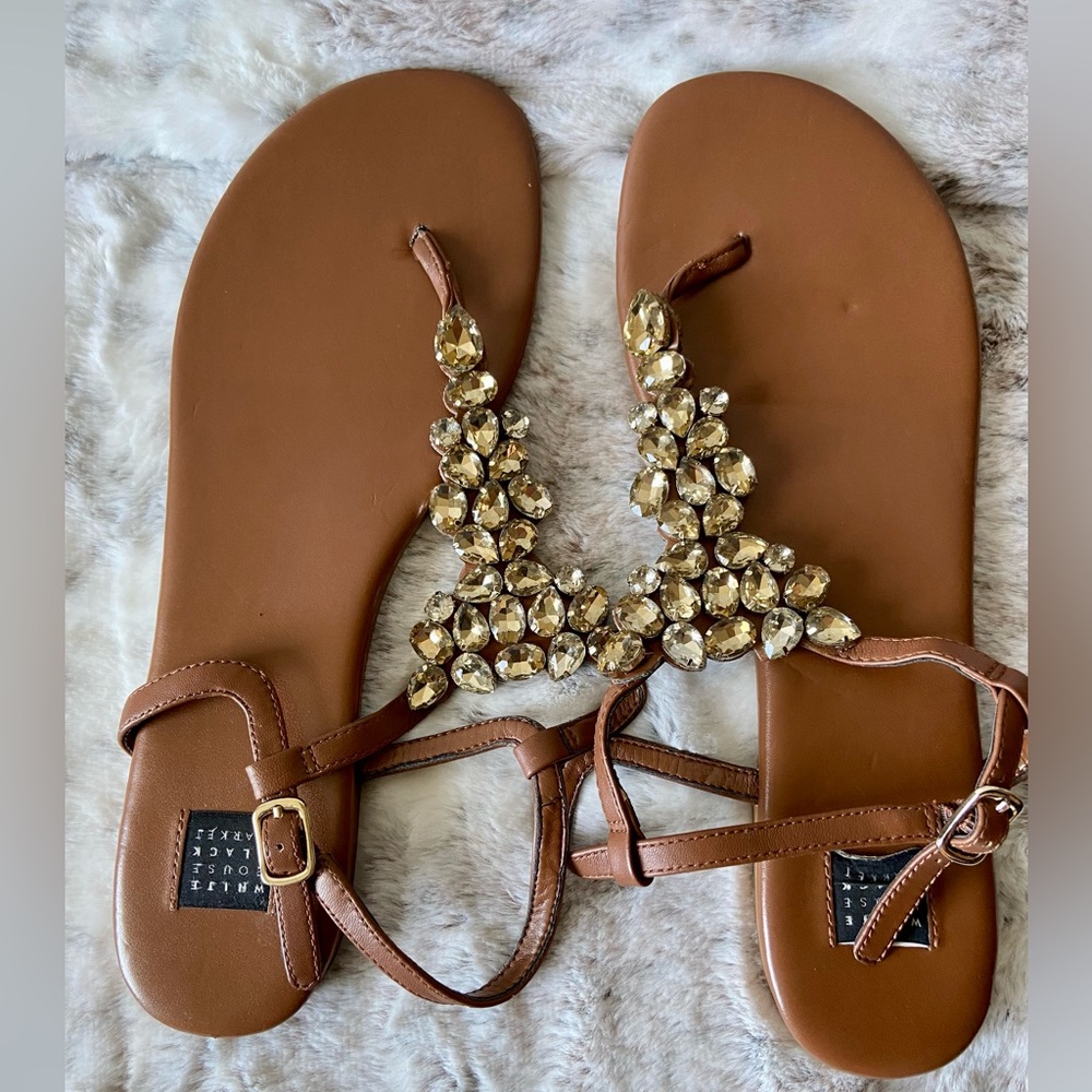 White House Black Market Jeweled tan sandals, soft yellow and white jewel,size10